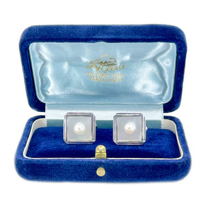Fuji Pearl Designer Japanese Cultured Akoya Pearl Square Mid Century Cufflinks- Sterling Silver