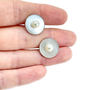Fuji Pearl Designer Japanese Cultured Akoya Pearl Mother of Pearl Mid Century Cufflinks- Sterling Silver