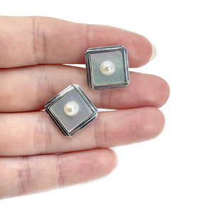 Fuji Pearl Designer Japanese Cultured Akoya Pearl Square Mid Century Cufflinks- Sterling Silver