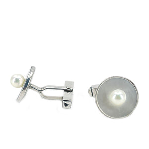 Fuji Pearl Designer Japanese Cultured Akoya Pearl Mother of Pearl Mid Century Cufflinks- Sterling Silver