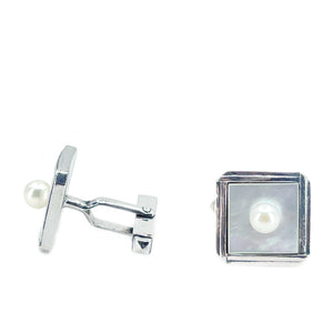 Fuji Pearl Designer Japanese Cultured Akoya Pearl Square Mid Century Cufflinks- Sterling Silver