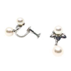Leaf Fuji Pearl Designer Akoya Saltwater Cultured Pearl Screwback Earrings- Sterling Silver