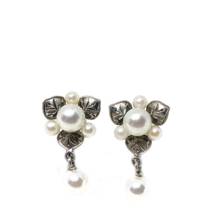 Leaf Fuji Pearl Designer Akoya Saltwater Cultured Pearl Screwback Earrings- Sterling Silver