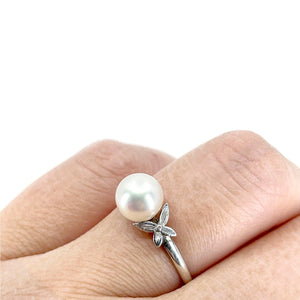 Fuji Pearl Butterfly Japanese Saltwater Akoya Cultured Pearl Ring- Sterling Silver Sz 8