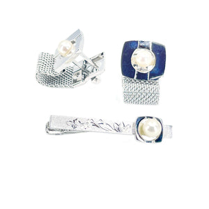 Furuya Pearl Designer Japanese Cultured Akoya Pearl Mid Century Tie Bar Cufflinks Set- Sterling Silver