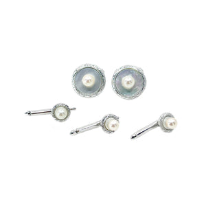 Furuya Pearl Designer Japanese Cultured Akoya Pearl Mother of Pearl Mid Century Cufflinks Shirt Stud Set- Sterling Silver