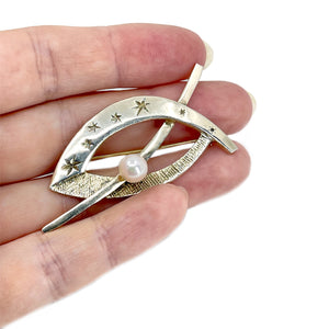 Atomic Era Modernist Gay Charm Designer Japanese Saltwater Akoya Pearl Vintage Brooch- Sterling Silver