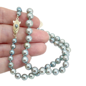 Vintage Deco Blue Japanese Cultured Akoya Pearl Graduated Engraved Necklace - 14K Yellow Gold 17 Inch