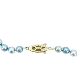 Vintage Deco Blue Japanese Cultured Akoya Pearl Graduated Engraved Necklace - 14K Yellow Gold 17 Inch