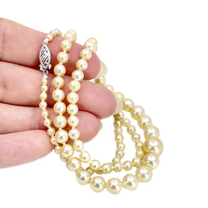 Golden Cream Japanese Saltwater Cultured Akoya Pearl Graduated Vintage Necklace - 10K White Gold 20 Inch