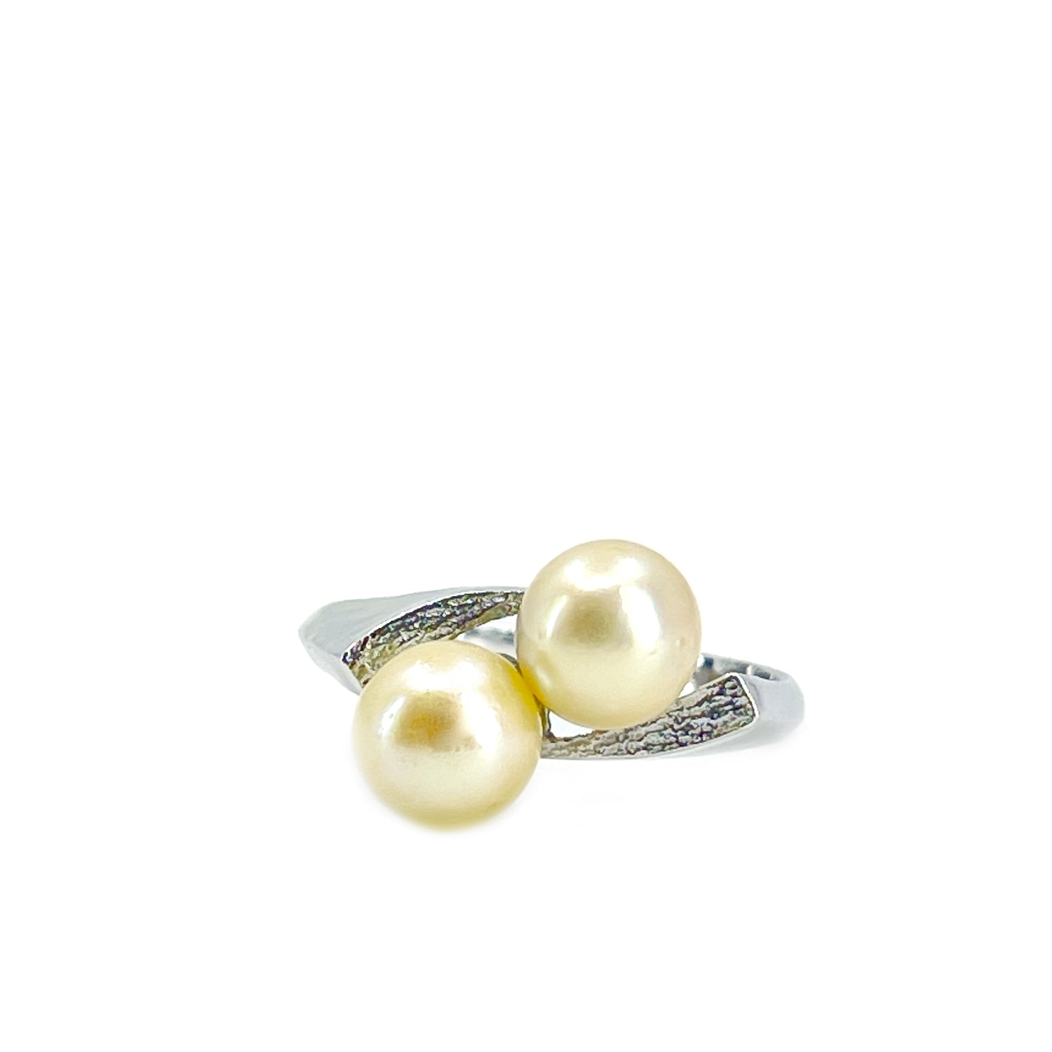 Bypass Japanese Golden Saltwater Cultured Akoya Pearl Ring- Sterling Silver Sz 8 1/2