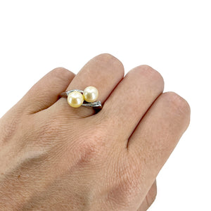 Bypass Japanese Golden Saltwater Cultured Akoya Pearl Ring- Sterling Silver Sz 8 1/2
