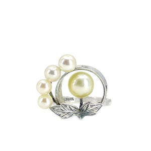 Art Nouveau Halo Japanese Saltwater Golden Akoya Cultured Pearl Ring- Sterling Silver Sz 5 3/4