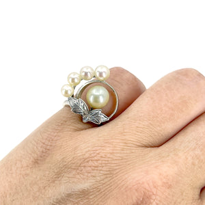 Art Nouveau Halo Japanese Saltwater Golden Akoya Cultured Pearl Ring- Sterling Silver Sz 5 3/4