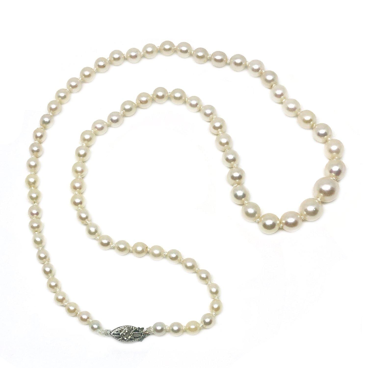 Diamond Graduated Japanese Saltwater Cultured Akoya Pearl Strand - 10K White Gold 18.50 Inch - Vintage Valuable Pearls
