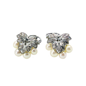 Grape Leaf Akoya Saltwater Cultured Pearl Vintage Screwback Earrings- Sterling Silver