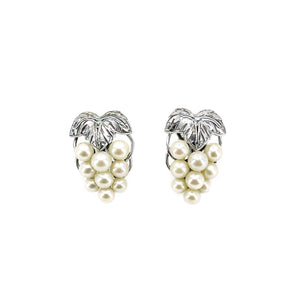 Vintage Grape Akoya Saltwater Cultured Pearl Screwback Engraved Leaf Earrings- Sterling Silver