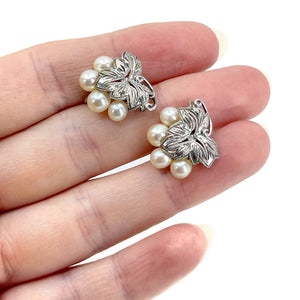 Grape Leaf Akoya Saltwater Cultured Pearl Vintage Screwback Earrings- Sterling Silver