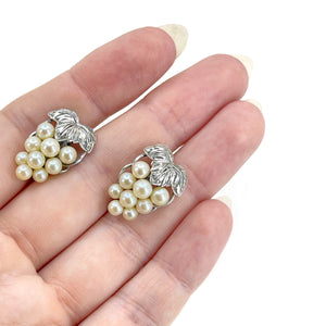Vintage Grape Akoya Saltwater Cultured Pearl Screwback Engraved Leaf Earrings- Sterling Silver