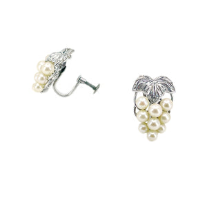 Vintage Grape Akoya Saltwater Cultured Pearl Screwback Engraved Leaf Earrings- Sterling Silver