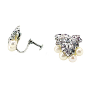 Grape Leaf Akoya Saltwater Cultured Pearl Vintage Screwback Earrings- Sterling Silver
