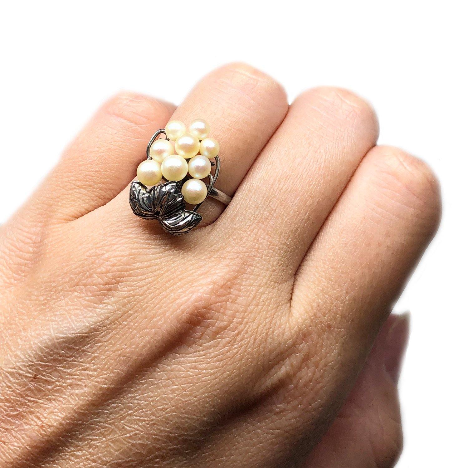 Grape Japanese Saltwater Akoya Cultured Pearl Ring- Sterling Silver Sz 7 1/4