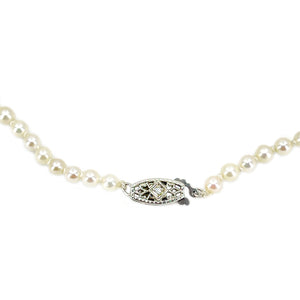 Natural Diamond Japanese Saltwater Cultured Akoya Graduated Pearl Vintage Necklace - 14K White Gold 16.50 Inch