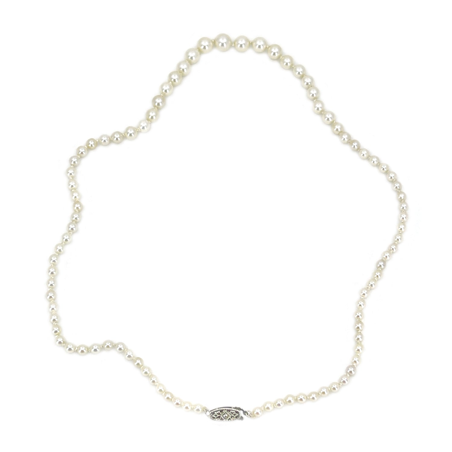 Natural Diamond Japanese Saltwater Cultured Akoya Graduated Pearl Vintage Necklace - 14K White Gold 16.50 Inch