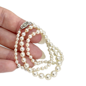 Natural Diamond Japanese Saltwater Cultured Akoya Graduated Pearl Vintage Necklace - 14K White Gold 16.50 Inch