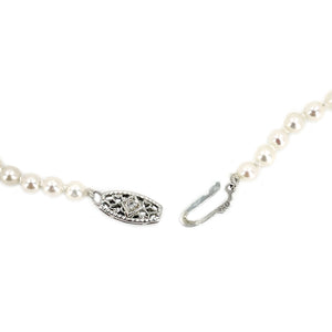 Natural Diamond Japanese Saltwater Cultured Akoya Graduated Pearl Vintage Necklace - 14K White Gold 16.50 Inch