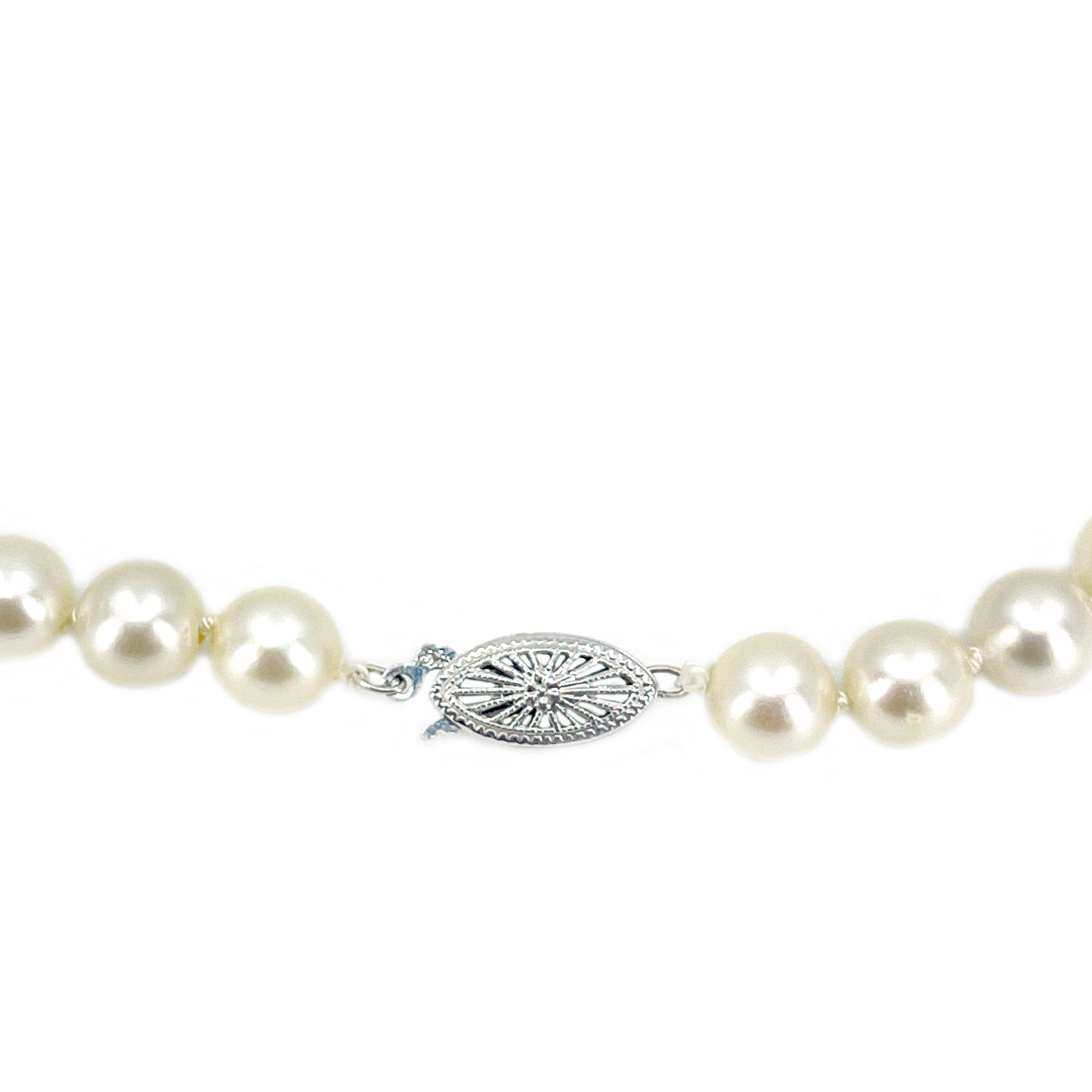 Starburst Filigree Mid-Century Cultured Akoya Pearl Vintage Necklace - 14K White Gold 23 Inch