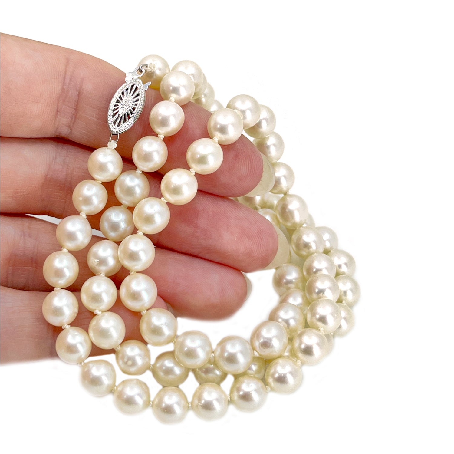 Starburst Filigree Mid-Century Cultured Akoya Pearl Vintage Necklace - 14K White Gold 23 Inch