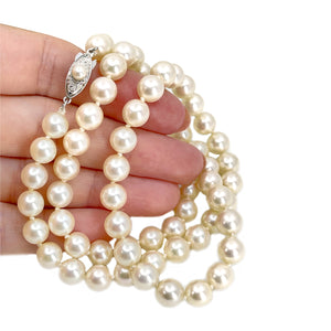 Vintage Art Deco Japanese Saltwater Cultured Akoya Pearl Graduated Necklace - Sterling Silver 24 Inch