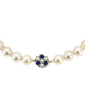 Stunning Retro Cultured Akoya Pearl Strand - 14K White Gold & Natural Blue Sapphire 17.50 Inch