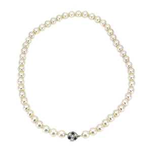 Stunning Retro Cultured Akoya Pearl Strand - 14K White Gold & Natural Blue Sapphire 17.50 Inch