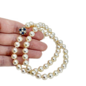 Stunning Retro Cultured Akoya Pearl Strand - 14K White Gold & Natural Blue Sapphire 17.50 Inch