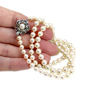 High Quality Mid-Century Japanese Saltwater Akoya Cultured Pearl Graduated Vintage Necklace- Sterling Silver 20 Inch