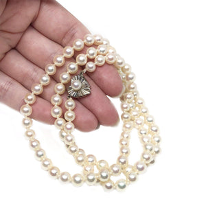 Heart Mid-Century Cultured Akoya Pearl Strand - 14K White Gold 25 Inch - Vintage Valuable Pearls