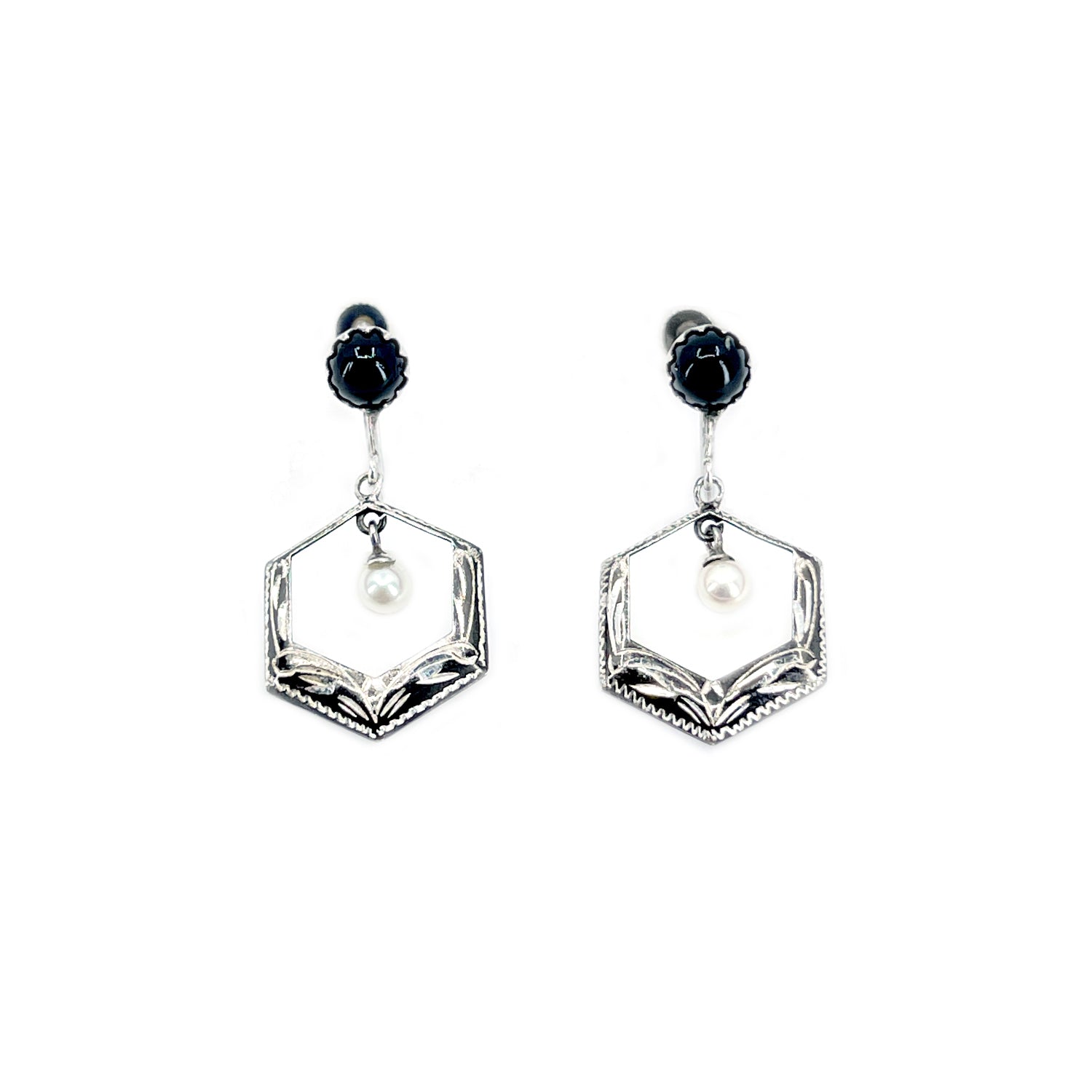 Hexagon Black Enamel Japan Akoya Saltwater Cultured Pearl Vintage Screwback Earrings- Sterling Silver