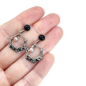 Hexagon Black Enamel Japan Akoya Saltwater Cultured Pearl Vintage Screwback Earrings- Sterling Silver