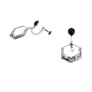 Hexagon Black Enamel Japan Akoya Saltwater Cultured Pearl Vintage Screwback Earrings- Sterling Silver