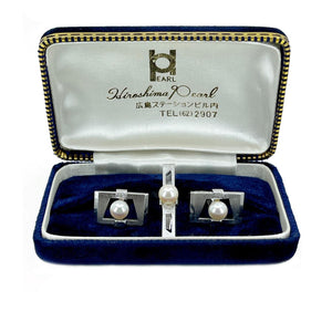 Hiroshima Pearl Designer Japanese Cultured Akoya Pearl Mid Century Tie Bar Cufflinks Set- Sterling Silver