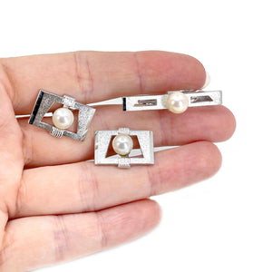 Hiroshima Pearl Designer Japanese Cultured Akoya Pearl Mid Century Tie Bar Cufflinks Set- Sterling Silver