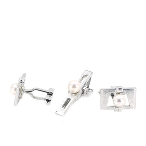 Hiroshima Pearl Designer Japanese Cultured Akoya Pearl Mid Century Tie Bar Cufflinks Set- Sterling Silver
