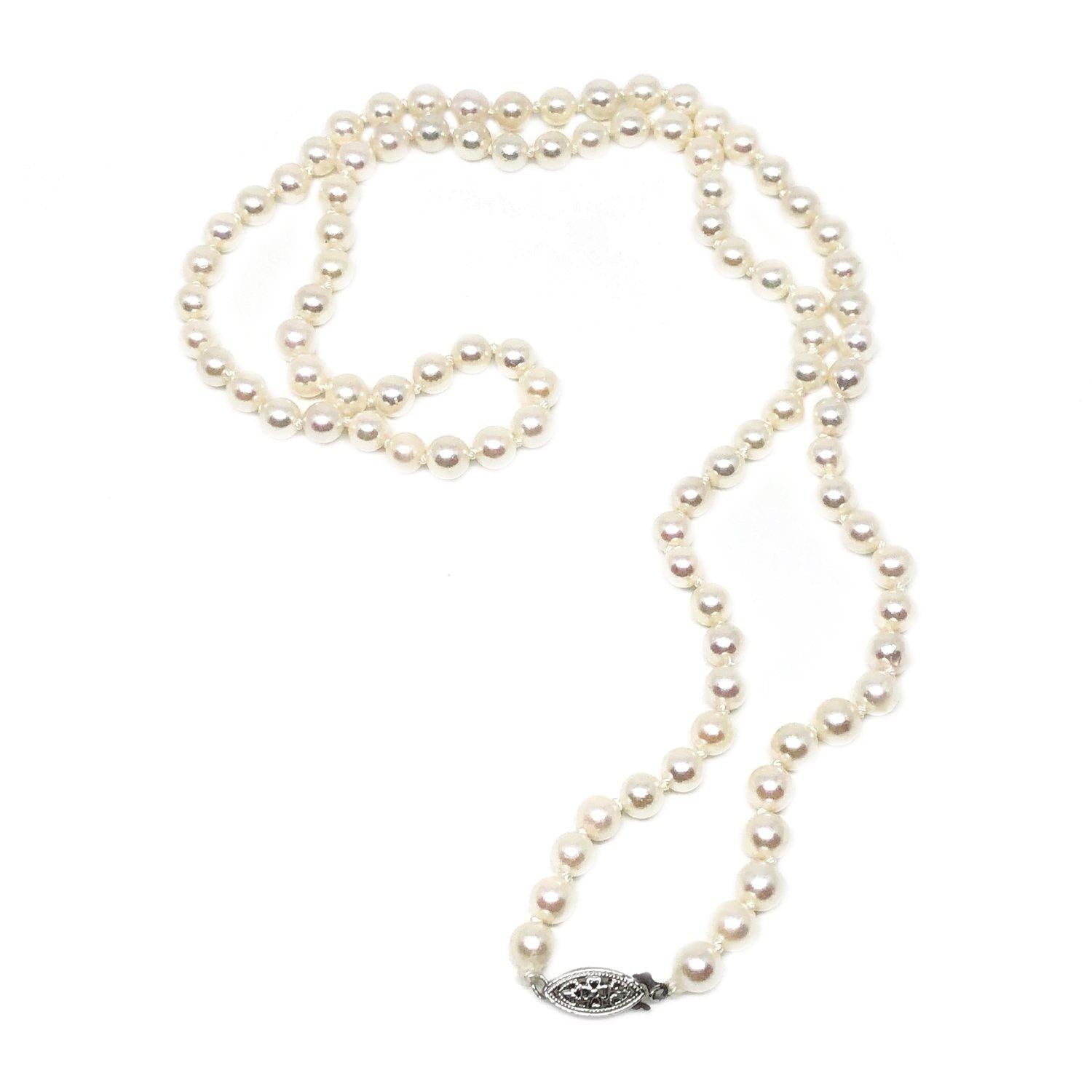 Imperial Mid Century Modern Japanese Cultured Akoya Pearl Strand - 14K White Gold 25 Inch