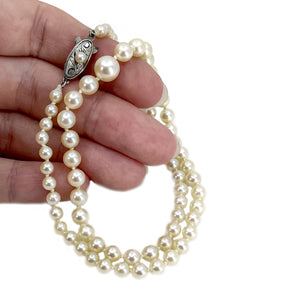 International Designer Japanese Saltwater Akoya Cultured Pearl Engraved Graduated Vintage Strand- Sterling Silver 16 Inch