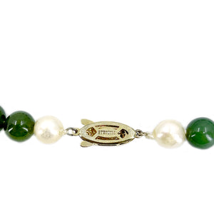 Vintage Nephrite Green Jade Japanese Saltwater Cultured Akoya Pearl Necklace- Sterling Silver Gold Plate 22 Inch