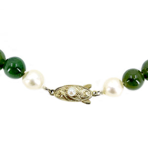 Vintage Nephrite Green Jade Japanese Saltwater Cultured Akoya Pearl Necklace- Sterling Silver Gold Plate 22 Inch