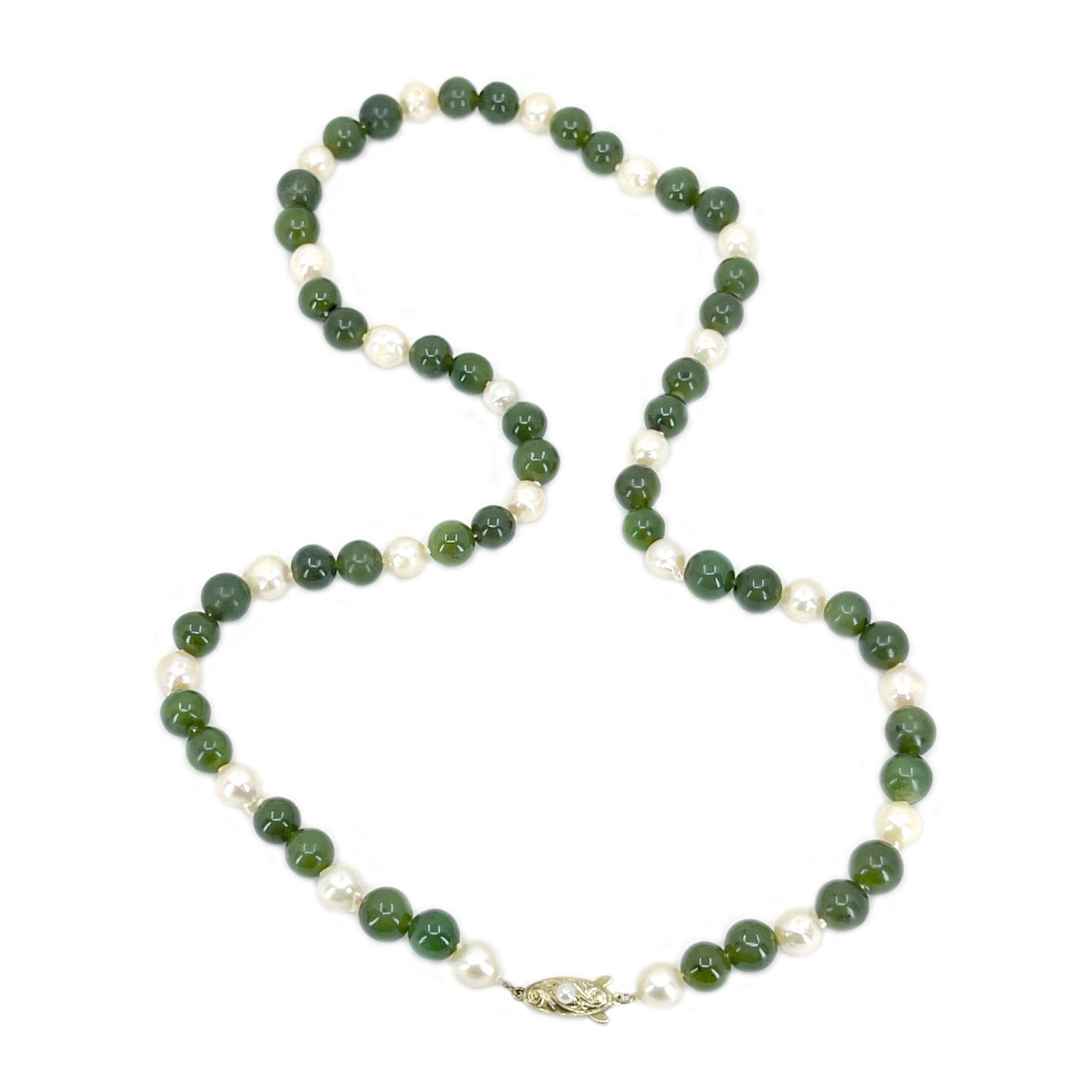 Vintage Nephrite Green Jade Japanese Saltwater Cultured Akoya Pearl Necklace- Sterling Silver Gold Plate 22 Inch