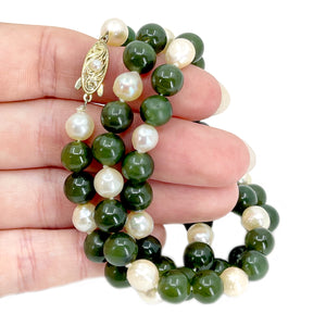 Vintage Nephrite Green Jade Japanese Saltwater Cultured Akoya Pearl Necklace- Sterling Silver Gold Plate 22 Inch